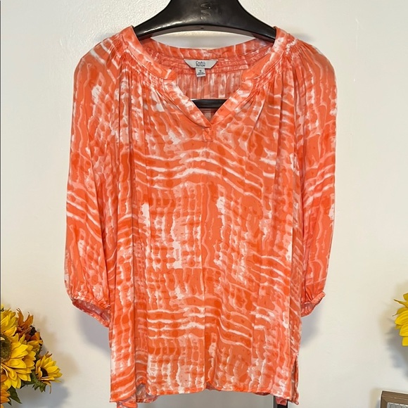 Croft & Barrow Orange and White Relaxed Pleated Blouse - Picture 1 of 9
